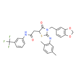 ChemSpider 2D Image | 2-{(2Z)-3-(1,3-Benzodioxol-5-ylmethyl)-2-[(2,5-dimethylphenyl)imino]-4-oxo-1,3-thiazolidin-5-yl}-N-[3-(trifluoromethyl)phenyl]acetamide | C28H24F3N3O4S