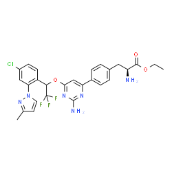 ChemSpider 2D Image | Ethyl 4-(2-amino-6-{1-[4-chloro-2-(3-methyl-1H-pyrazol-1-yl)phenyl]-2,2,2-trifluoroethoxy}-4-pyrimidinyl)-L-phenylalaninate | C27H26ClF3N6O3