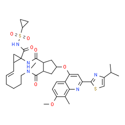 ChemSpider 2D Image | (10E)-N-(Cyclopropylsulfonyl)-2-{[2-(4-isopropyl-1,3-thiazol-2-yl)-7-methoxy-8-methyl-4-quinolinyl]oxy}-5-methyl-4,14-dioxo-2,3,3a,4,5,6,7,8,9,11a,12,13,14,14a-tetradecahydrocyclopenta[c]cyclopropa[g]
[1,6]diazacyclotetradecine-12a(1H)-carboxamide | C38H47N5O7S2