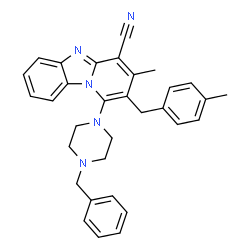 ChemSpider 2D Image | 1-(4-Benzyl-1-piperazinyl)-3-methyl-2-(4-methylbenzyl)pyrido[1,2-a]benzimidazole-4-carbonitrile | C32H31N5