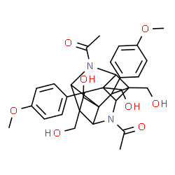ChemSpider 2D Image | 1,1'-[1,5,7,11-Tetrakis(hydroxymethyl)-6,12-bis(4-methoxyphenyl)-3,9-diazapentacyclo[6.4.0.0~2,7~.0~4,11~.0~5,10~]dodecane-3,9-diyl]diethanone | C32H38N2O8