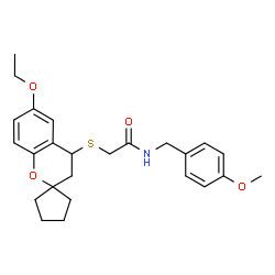ChemSpider 2D Image | 2-[(6-Ethoxy-3,4-dihydrospiro[chromene-2,1'-cyclopentan]-4-yl)sulfanyl]-N-(4-methoxybenzyl)acetamide | C25H31NO4S
