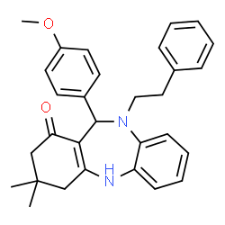 ChemSpider 2D Image | 11-(4-Methoxyphenyl)-3,3-dimethyl-10-(2-phenylethyl)-2,3,4,5,10,11-hexahydro-1H-dibenzo[b,e][1,4]diazepin-1-one | C30H32N2O2