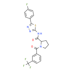 ChemSpider 2D Image | N-[5-(4-Fluorophenyl)-1,3,4-thiadiazol-2-yl]-1-[3-(trifluoromethyl)benzoyl]prolinamide | C21H16F4N4O2S