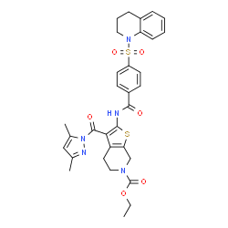 ChemSpider 2D Image | Ethyl 2-{[4-(3,4-dihydro-1(2H)-quinolinylsulfonyl)benzoyl]amino}-3-[(3,5-dimethyl-1H-pyrazol-1-yl)carbonyl]-4,7-dihydrothieno[2,3-c]pyridine-6(5H)-carboxylate | C32H33N5O6S2