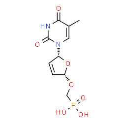 ChemSpider 2D Image | ({[(2R,5R)-5-(5-Methyl-2,4-dioxo-3,4-dihydro-1(2H)-pyrimidinyl)-2,5-dihydro-2-furanyl]oxy}methyl)phosphonic acid | C10H13N2O7P