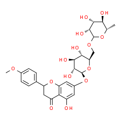 ChemSpider 2D Image | 5-Hydroxy-2-(4-methoxyphenyl)-4-oxo-3,4-dihydro-2H-chromen-7-yl 6-O-(6-deoxy-L-mannopyranosyl)-beta-D-glucopyranoside | C28H34O14