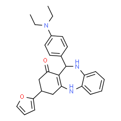 ChemSpider 2D Image | 11-[4-(Diethylamino)phenyl]-3-(2-furyl)-2,3,4,5,10,11-hexahydro-1H-dibenzo[b,e][1,4]diazepin-1-one | C27H29N3O2