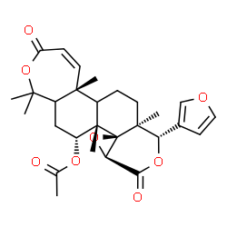 ChemSpider 2D Image | (5aR,7aS,8S,10aS,11aR,11bS,12R)-8-(3-Furyl)-1,1,5a,7a,11b-pentamethyl-3,10-dioxo-1,3,5a,5b,6,7,7a,8,10,10a,11b,12,13,13a-tetradecahydrooxireno[4,4a]isochromeno[6,5-g][2]benzoxepin-12-yl acetate | C28H34O8