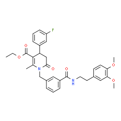 ChemSpider 2D Image | Ethyl 1-(3-{[2-(3,4-dimethoxyphenyl)ethyl]carbamoyl}benzyl)-4-(3-fluorophenyl)-2-methyl-6-oxo-1,4,5,6-tetrahydro-3-pyridinecarboxylate | C33H35FN2O6