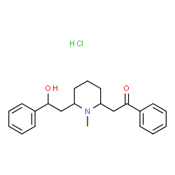 ChemSpider 2D Image | 2-[6-(2-Hydroxy-2-phenylethyl)-1-methyl-2-piperidinyl]-1-phenylethanone hydrochloride (1:1) | C22H28ClNO2