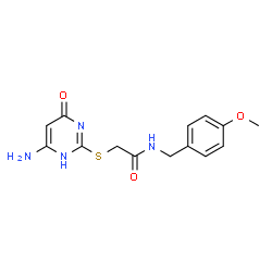 ChemSpider 2D Image | 2-[(6-Amino-4-oxo-1,4-dihydro-2-pyrimidinyl)sulfanyl]-N-(4-methoxybenzyl)acetamide | C14H16N4O3S