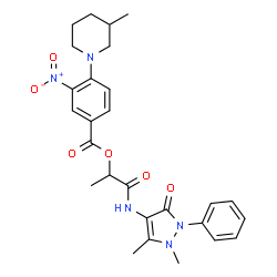 ChemSpider 2D Image | 1-[(1,5-Dimethyl-3-oxo-2-phenyl-2,3-dihydro-1H-pyrazol-4-yl)amino]-1-oxo-2-propanyl 4-(3-methyl-1-piperidinyl)-3-nitrobenzoate | C27H31N5O6