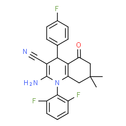 ChemSpider 2D Image | 2-Amino-1-(2,6-difluorophenyl)-4-(4-fluorophenyl)-7,7-dimethyl-5-oxo-1,4,5,6,7,8-hexahydro-3-quinolinecarbonitrile | C24H20F3N3O