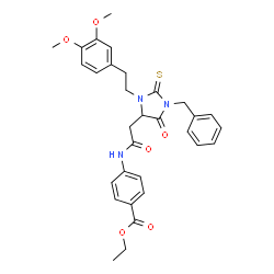 ChemSpider 2D Image | Ethyl 4-[({1-benzyl-3-[2-(3,4-dimethoxyphenyl)ethyl]-5-oxo-2-thioxo-4-imidazolidinyl}acetyl)amino]benzoate | C31H33N3O6S