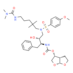 ChemSpider 2D Image | (3R,3aS,6aR)-Hexahydrofuro[2,3-b]furan-3-yl [(2S,3R)-4-({5-[(dimethylcarbamoyl)amino]-2,2-dimethylpentyl}[(4-methoxyphenyl)sulfonyl]amino)-3-hydroxy-1-phenyl-2-butanyl]carbamate | C34H50N4O9S