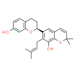 ChemSpider 2D Image | (2S)-2',2'-Dimethyl-7'-(3-methyl-2-buten-1-yl)-3,4-dihydro-2H,2'H-2,6'-bichromene-7,8'-diol | C25H28O4