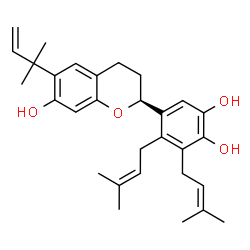 ChemSpider 2D Image | 5-[(2S)-7-Hydroxy-6-(2-methyl-3-buten-2-yl)-3,4-dihydro-2H-chromen-2-yl]-3,4-bis(3-methyl-2-buten-1-yl)-1,2-benzenediol | C30H38O4