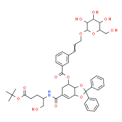 ChemSpider 2D Image | 6-({1-Hydroxy-5-[(2-methyl-2-propanyl)oxy]-5-oxo-2-pentanyl}carbamoyl)-2,2-diphenyl-3a,4,5,7a-tetrahydro-1,3-benzodioxol-4-yl 3-[3-(hexopyranosyloxy)-1-propen-1-yl]benzoate | C45H53NO14