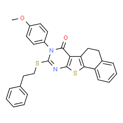 ChemSpider 2D Image | 8-(4-Methoxyphenyl)-9-[(2-phenylethyl)sulfanyl]-5,8-dihydronaphtho[2',1':4,5]thieno[2,3-d]pyrimidin-7(6H)-one | C29H24N2O2S2
