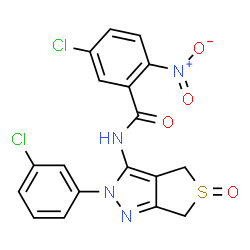 ChemSpider 2D Image | 5-Chloro-N-[2-(3-chlorophenyl)-5-oxido-2,6-dihydro-4H-thieno[3,4-c]pyrazol-3-yl]-2-nitrobenzamide | C18H12Cl2N4O4S