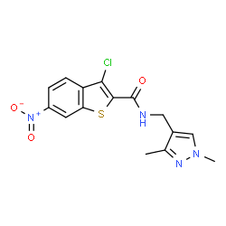 ChemSpider 2D Image | 3-Chloro-N-[(1,3-dimethyl-1H-pyrazol-4-yl)methyl]-6-nitro-1-benzothiophene-2-carboxamide | C15H13ClN4O3S