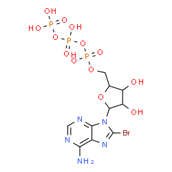 ChemSpider 2D Image | 8-Bromo-9-[5-O-(hydroxy{[hydroxy(phosphonooxy)phosphoryl]oxy}phosphoryl)pentofuranosyl]-9H-purin-6-amine | C10H15BrN5O13P3
