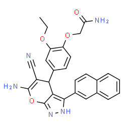 ChemSpider 2D Image | 2-{4-[6-Amino-5-cyano-3-(2-naphthyl)-1,4-dihydropyrano[2,3-c]pyrazol-4-yl]-2-ethoxyphenoxy}acetamide | C27H23N5O4