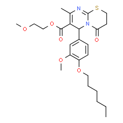 ChemSpider 2D Image | 2-Methoxyethyl 6-[4-(hexyloxy)-3-methoxyphenyl]-8-methyl-4-oxo-3,4-dihydro-2H,6H-pyrimido[2,1-b][1,3]thiazine-7-carboxylate | C25H34N2O6S