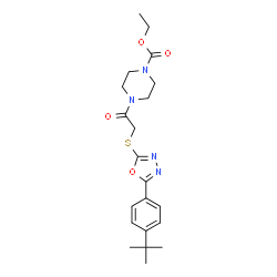 ChemSpider 2D Image | Ethyl 4-[({5-[4-(2-methyl-2-propanyl)phenyl]-1,3,4-oxadiazol-2-yl}sulfanyl)acetyl]-1-piperazinecarboxylate | C21H28N4O4S