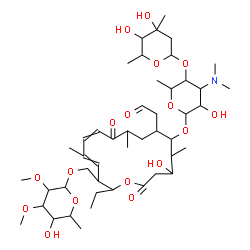 ChemSpider 2D Image | 15-{[(6-Deoxy-2,3-di-O-methylhexopyranosyl)oxy]methyl}-16-ethyl-4-hydroxy-5,9,13-trimethyl-2,10-dioxo-7-(2-oxoethyl)oxacyclohexadeca-11,13-dien-6-yl 3,6-dideoxy-4-O-(2,6-dideoxy-3-C-methylhexopyranosy
l)-3-(dimethylamino)hexopyranoside | C46H77NO17