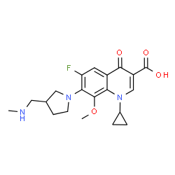 ChemSpider 2D Image | 1-Cyclopropyl-6-fluoro-8-methoxy-7-{3-[(methylamino)methyl]-1-pyrrolidinyl}-4-oxo-1,4-dihydro-3-quinolinecarboxylic acid | C20H24FN3O4