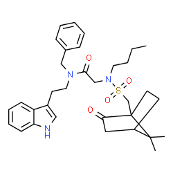 ChemSpider 2D Image | N-Benzyl-N~2~-butyl-N~2~-{[(7,7-dimethyl-2-oxobicyclo[2.2.1]hept-1-yl)methyl]sulfonyl}-N-[2-(1H-indol-3-yl)ethyl]glycinamide | C33H43N3O4S