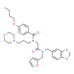 ChemSpider 2D Image | N-{2-[(1,3-Benzodioxol-5-ylmethyl)(2-furylmethyl)amino]-2-oxoethyl}-4-butoxy-N-[3-(4-morpholinyl)propyl]benzamide | C33H41N3O7