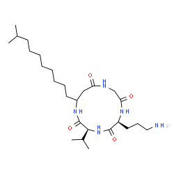 ChemSpider 2D Image | (3S,6S)-6-(3-Aminopropyl)-3-isopropyl-13-(9-methyldecyl)-1,4,7,10-tetraazacyclotridecane-2,5,8,11-tetrone | C26H49N5O4
