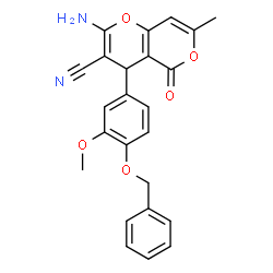 ChemSpider 2D Image | 2-Amino-4-[4-(benzyloxy)-3-methoxyphenyl]-7-methyl-5-oxo-4H,5H-pyrano[4,3-b]pyran-3-carbonitrile | C24H20N2O5