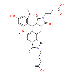 ChemSpider 2D Image | 4,4'-[6-(4-Hydroxy-2,6-dimethoxyphenyl)-1,3,7,9-tetraoxo-1,3,3a,4,6,6a,7,9,9a,10,10a,10b-dodecahydroisoindolo[5,6-e]isoindole-2,8-diyl]dibutanoic acid | C30H34N2O11