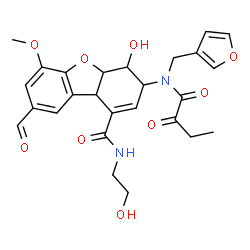 ChemSpider 2D Image | 8-Formyl-3-[(3-furylmethyl)(2-oxobutanoyl)amino]-4-hydroxy-N-(2-hydroxyethyl)-6-methoxy-3,4,4a,9b-tetrahydrodibenzo[b,d]furan-1-carboxamide | C26H28N2O9