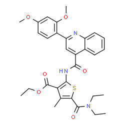 ChemSpider 2D Image | Ethyl 5-(diethylcarbamoyl)-2-({[2-(2,4-dimethoxyphenyl)-4-quinolinyl]carbonyl}amino)-4-methyl-3-thiophenecarboxylate | C31H33N3O6S