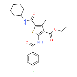 ChemSpider 2D Image | Ethyl 2-[(4-chlorobenzoyl)amino]-5-(cyclohexylcarbamoyl)-4-methyl-3-thiophenecarboxylate | C22H25ClN2O4S