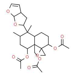 ChemSpider 2D Image | 8a-(Acetoxymethyl)-5,6-dimethyl-5-(2,3,3a,6a-tetrahydrofuro[2,3-b]furan-2-yl)octahydro-2H-spiro[naphthalene-1,2'-oxirane]-2,8-diyl diacetate | C26H36O9