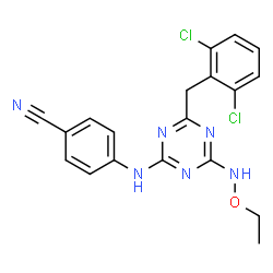 ChemSpider 2D Image | 4-{[4-(2,6-Dichlorobenzyl)-6-(ethoxyamino)-1,3,5-triazin-2-yl]amino}benzonitrile | C19H16Cl2N6O