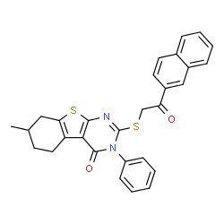ChemSpider 2D Image | 7-Methyl-2-{[2-(2-naphthyl)-2-oxoethyl]sulfanyl}-3-phenyl-5,6,7,8-tetrahydro[1]benzothieno[2,3-d]pyrimidin-4(3H)-one | C29H24N2O2S2