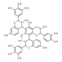 ChemSpider 2D Image | 2'-(3,4-Dihydroxyphenyl)-2,2''-bis(3,4,5-trihydroxyphenyl)-3,3',3'',4,4',4''-hexahydro-2H,2'H,2''H-4,6':8',4''-terchromene-3,3',3'',5',7,7',7''-heptol | C45H38O18
