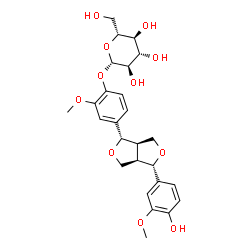 ChemSpider 2D Image | 4-[(1S,3aR,4S,6aR)-4-(4-Hydroxy-3-methoxyphenyl)tetrahydro-1H,3H-furo[3,4-c]furan-1-yl]-2-methoxyphenyl beta-D-glucopyranoside | C26H32O11