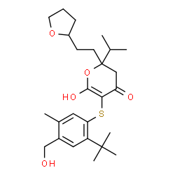 ChemSpider 2D Image | 5-{[2-tert-butyl-4-(hydroxymethyl)-5-methylphenyl]sulfanyl}-6-hydroxy-2-(propan-2-yl)-2-[2-(tetrahydrofuran-2-yl)ethyl]-2,3-dihydro-4H-pyran-4-one | C26H38O5S