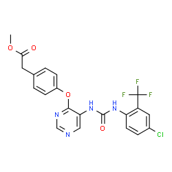 ChemSpider 2D Image | Methyl (4-{[5-({[4-chloro-2-(trifluoromethyl)phenyl]carbamoyl}amino)-4-pyrimidinyl]oxy}phenyl)acetate | C21H16ClF3N4O4
