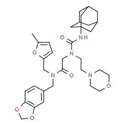 ChemSpider 2D Image | N~2~-(Adamantan-1-ylcarbamoyl)-N-(1,3-benzodioxol-5-ylmethyl)-N-[(5-methyl-2-furyl)methyl]-N~2~-[2-(4-morpholinyl)ethyl]glycinamide | C33H44N4O6