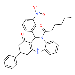 ChemSpider 2D Image | 10-Hexanoyl-11-(3-nitrophenyl)-3-phenyl-2,3,4,5,10,11-hexahydro-1H-dibenzo[b,e][1,4]diazepin-1-one | C31H31N3O4