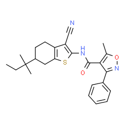 ChemSpider 2D Image | N-[3-Cyano-6-(2-methyl-2-butanyl)-4,5,6,7-tetrahydro-1-benzothiophen-2-yl]-5-methyl-3-phenyl-1,2-oxazole-4-carboxamide | C25H27N3O2S